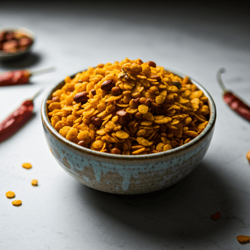 Handmade ceramic bowl filled with golden Indian chivda mix — flattened rice, peanuts, and roasted lentils glistening with spices